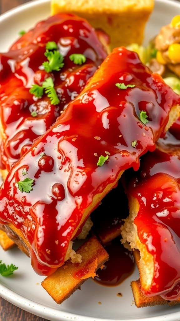 Crispy Air Fryer Pork Ribs Recipe Crispy air fryer pork ribs with BBQ sauce, garnished with parsley, served with coleslaw and cornbread.